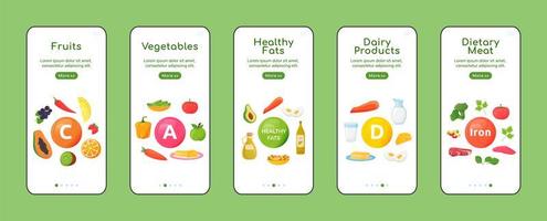 Vitamins and minerals onboarding mobile app screens vector