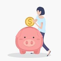 woman putting coin Piggybank vector