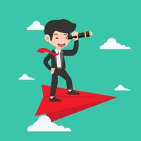 businessman with a telescope on Red Paper plane vector