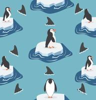 pingüinos en iceberg con patrón de tiburones vector