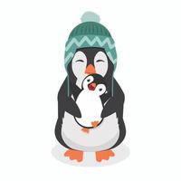 lindo pingüino con pingüino bebé vector