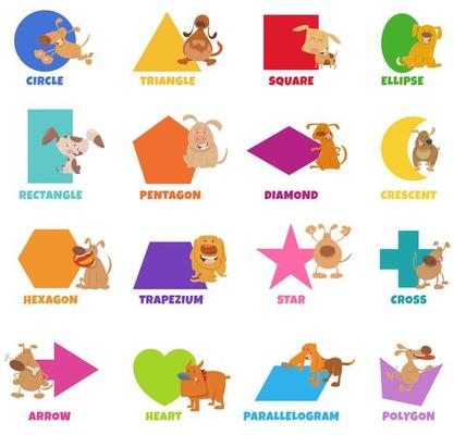 Geometric shapes with dogs and puppies set
