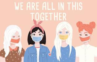 Group of four young women wearing surgical masks. vector