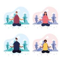 People doing yoga in the park vector