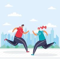 People with face masks running outdoors vector