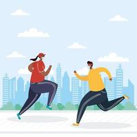 People with face masks running outdoors vector