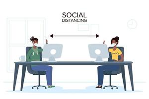 People with face masks social distancing at work vector