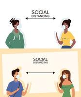 People social distancing with face masks vector