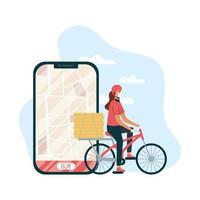 Food delivery with female bicycle courier and smartphone vector