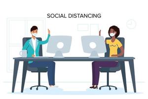 People with face masks social distancing at work vector