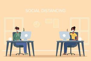 People with face masks social distancing at work vector