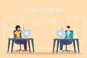 People with face masks social distancing at work vector