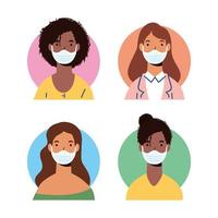 diversidad de personajes femeninos con máscaras faciales vector