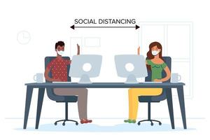 People with face masks social distancing at work vector