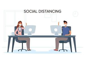 People with face masks social distancing at work vector