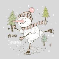 A cheery snowman ice skating. Christmas card vector