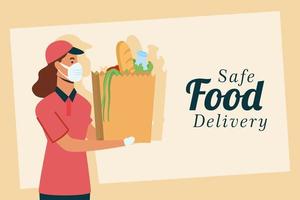 Entrega de comida segura en línea con trabajadora. vector