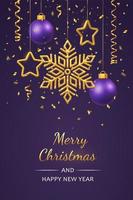 Christmas purple background with hanging shining golden snowflakes vector