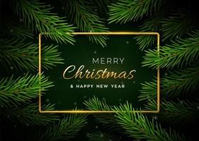 Christmas banner with tree branches and golden frame vector