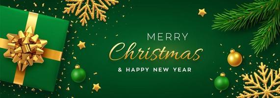 Green and gold Christmas banner with snowflakes and gift vector