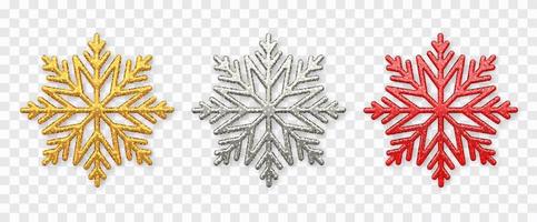 Sparkling golden, silver and red snowflakes vector