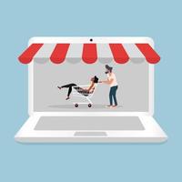 Man and Woman Sitting in Shopping Cart With Laptop vector