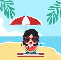 Girl Eats Fresh Watermelon on Summer Beach vector