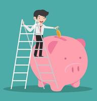 Businessman Climbs a Ladder Putting Coin in Piggy Bank vector