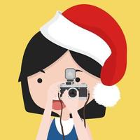 Small Girl Is Taking Photo With Santa Hat vector