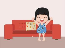 Girl Waking Up on a Red Sofa vector