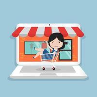 Girl Sitting in a Shopping Cart on a Laptop vector