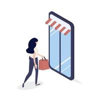 mujer yendo de compras dentro de un teléfono inteligente vector