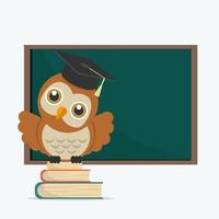 Cute Owl With a Graduation Cap, Textbooks, and Blackboard vector