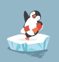 pingüino con un salvavidas en un témpano de hielo vector