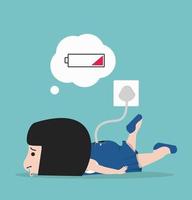 Tired Girl with Low Battery Charging in Wall Socket vector