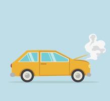 Broken Down Yellow Car with Smoking Engine vector