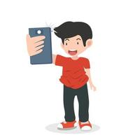 niño genial usando un teléfono inteligente para tomar una selfie vector