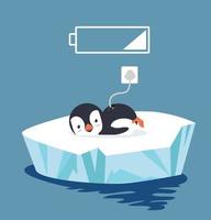 pingüino cansado con batería baja descansando sobre témpano de hielo vector