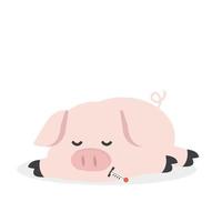 Sick pig with thermometer laying down vector