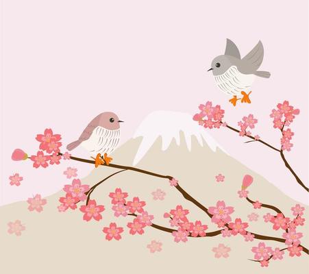 Lovely birds with cherry tree and mountain background