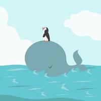 Big whale with a cute penguin on its head vector