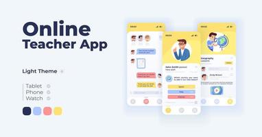 Online teacher app cartoon smartphone interface templates set. vector