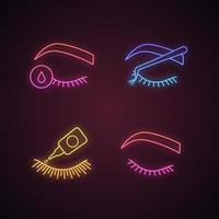 Eyelash extension neon light icons set. vector