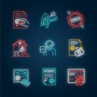 Notary services neon light icons set. vector