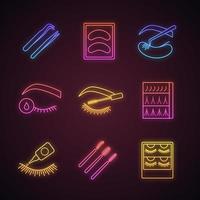 Eyelash extension neon light icons set. vector