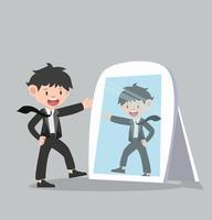 Happy businessman in a suit looking at a mirror vector