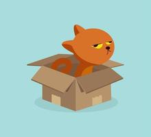 Gato rojo gruñón sentado en una caja de cartón vector