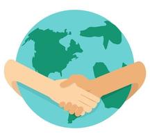 Handshake reaching around the globe vector