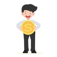 Happy businessman holding a big gold coin vector