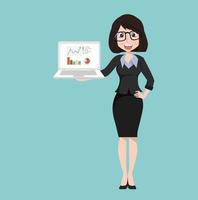 Businesswoman holding a laptop with graphs and charts vector